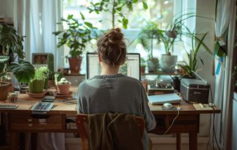 Woman working from a home office desk, with plants and a computer for productivity AIG58